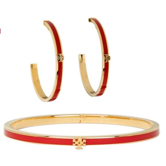 Tory Burch Red and Gold Kira Earring and Bracelet Set! - Picture 1 of 8